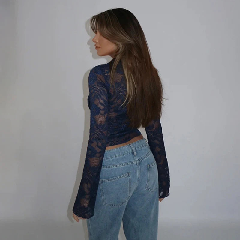 New Women's Clothing With European And American Style Sexy And Slim Fit V-Neck Lace Long Sleeved Top For Women CF24365MHO