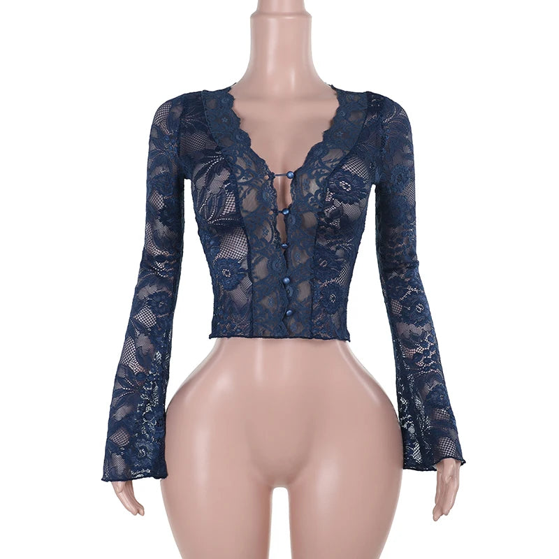 New Women's Clothing With European And American Style Sexy And Slim Fit V-Neck Lace Long Sleeved Top For Women CF24365MHO