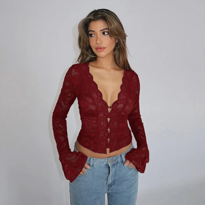 New Women's Clothing With European And American Style Sexy And Slim Fit V-Neck Lace Long Sleeved Top For Women CF24365MHO