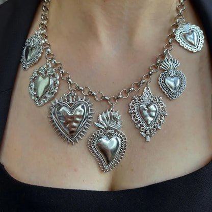 Silver Plated Sacred Heart Chokers Necklaces Vintage Stainless Steel Christian Catholic Pendant Collar Women's Jewelry Gifts