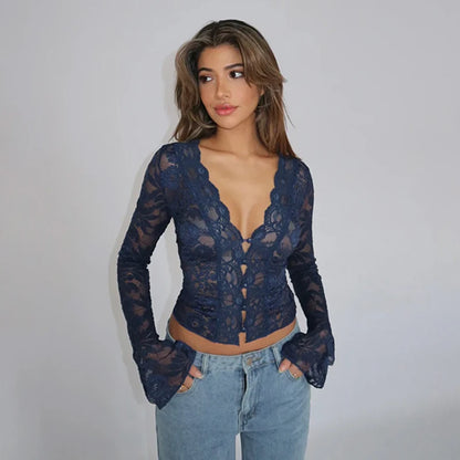 New Women's Clothing With European And American Style Sexy And Slim Fit V-Neck Lace Long Sleeved Top For Women  CF24365MHO
