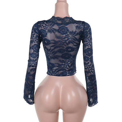 New Women's Clothing With European And American Style Sexy And Slim Fit V-Neck Lace Long Sleeved Top For Women  CF24365MHO