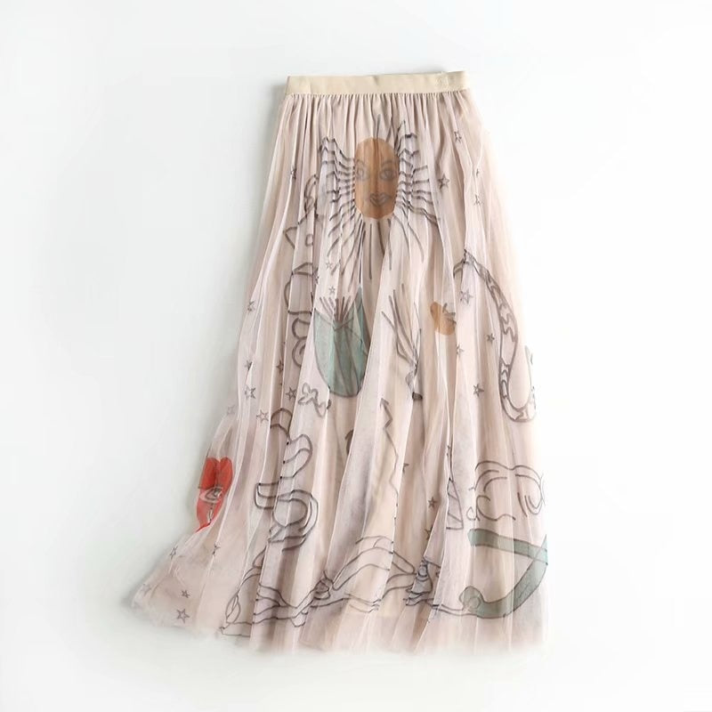 Pleated Mid-length Graphic Skirt