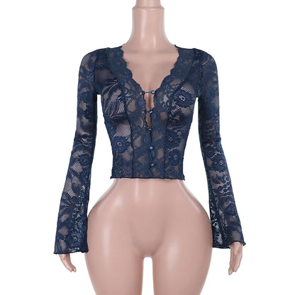New Women's Clothing With European And American Style Sexy And Slim Fit V-Neck Lace Long Sleeved Top For Women  CF24365MHO