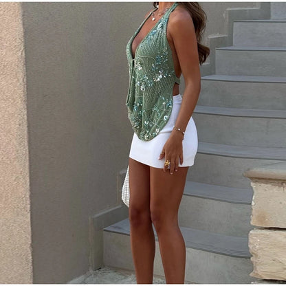 Women Green Sequin Chiffon Halter Top Fashion Mesh Splicing Sleeveless Backless Split Slim Fit Tops Lady New Spring Beach Top