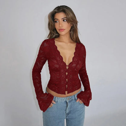 New Women's Clothing With European And American Style Sexy And Slim Fit V-Neck Lace Long Sleeved Top For Women  CF24365MHO