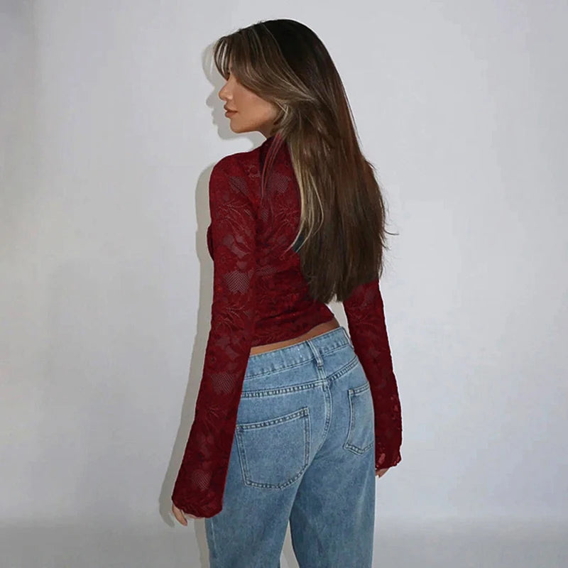 New Women's Clothing With European And American Style Sexy And Slim Fit V-Neck Lace Long Sleeved Top For Women  CF24365MHO