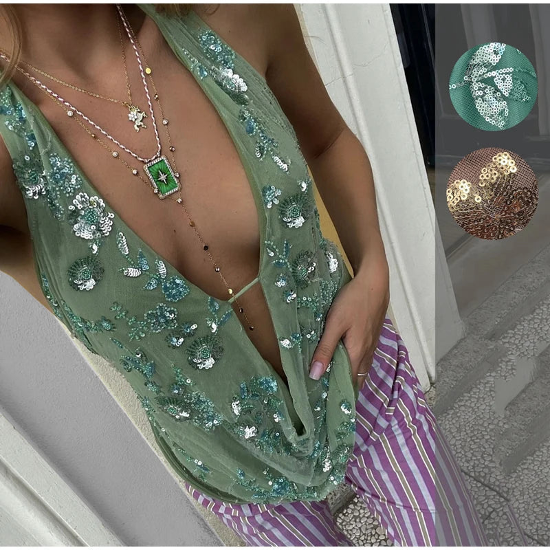 Women Green Sequin Chiffon Halter Top Fashion Mesh Splicing Sleeveless Backless Split Slim Fit Tops Lady New Spring Beach Top