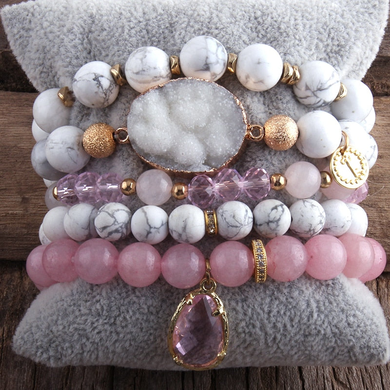 RH New Designer Boho Beaded Bracelet Set Natural Stone &amp; Druzy 5pc Bracelets Bangles Set For Fashion Jewelry