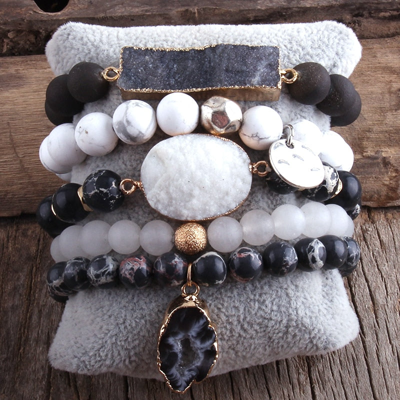 RH New Designer Boho Beaded Bracelet Set Natural Stone &amp; Druzy 5pc Bracelets Bangles Set For Fashion Jewelry