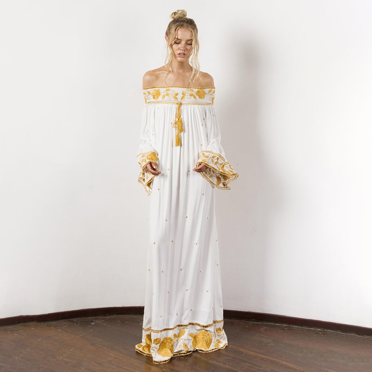 Autumn Gold Floral Embroidered Maxi Dress