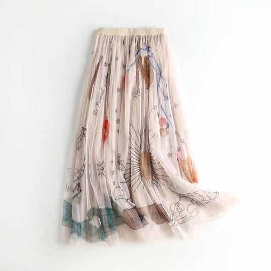 Pleated Mid-length Graphic Skirt